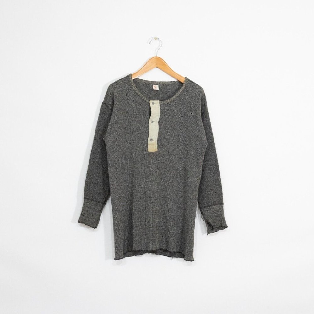 Vintage Knit Wool Henley Thermal Shirt Charcoal Gray L - Distressed Pullover